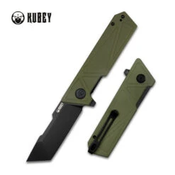 Kubey Avenger Folding Knife Green G10 Handle D2 Tanto Point Plain Edge Blackwash Finish 104F