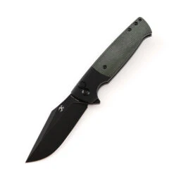 Kansept Shikari Button Lock Folding Knife Black Aluminum/Green Micarta Handle 154CM Plain Edge Black Stonewash Finish T2027B3