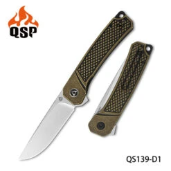 QSP Osprey Folding Knife Brass Handle 14C28N Plain Edge Satin Finish QS139-D1