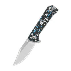 QSP Grebe Button Lock Folding Knife Black/Blue/White Carbon Fiber Handle S35VN Clip Point Plain Edge QS147-H1